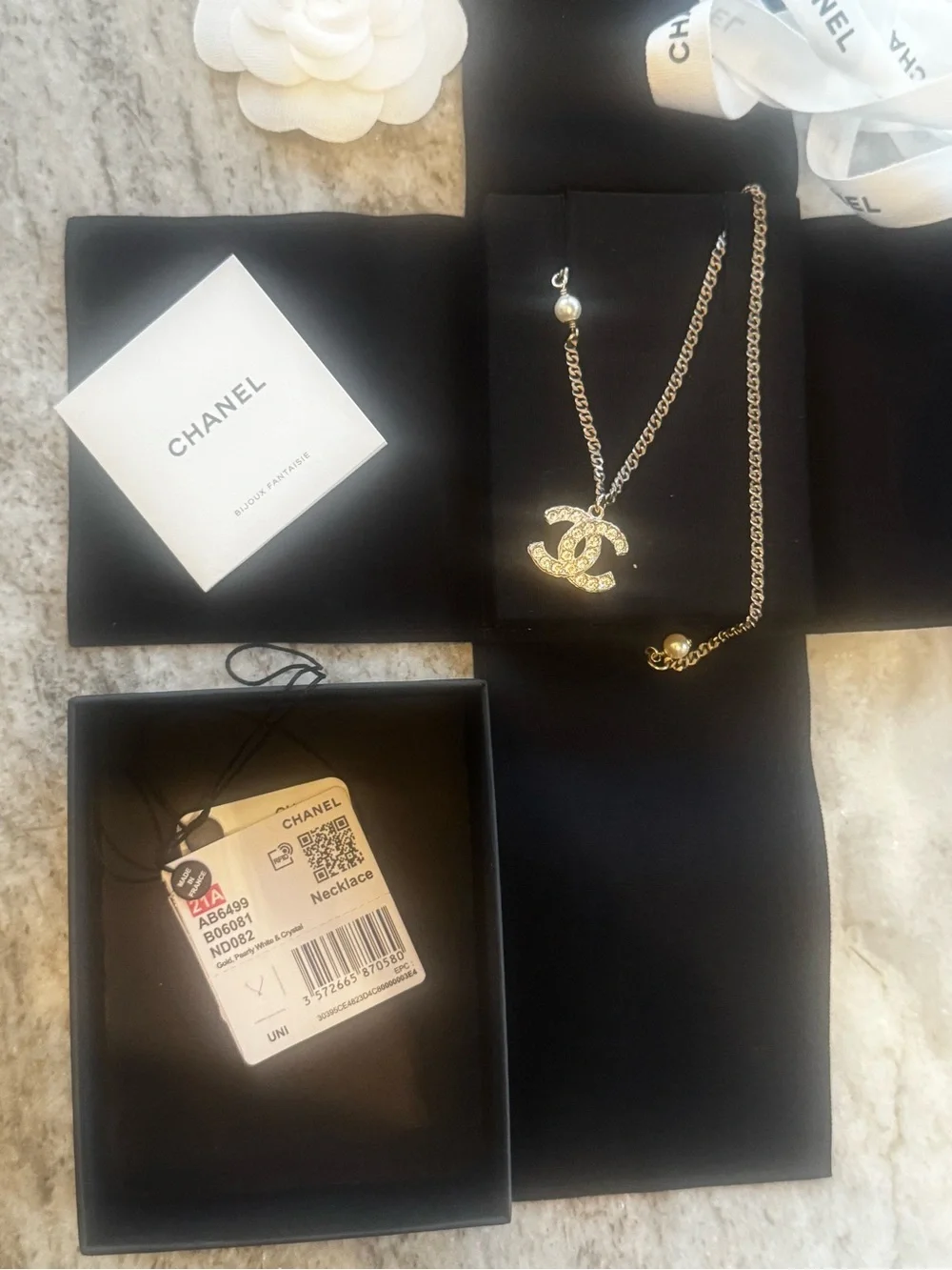 CHANEL Gold CC Logo Chain Necklace with Pearl Accent-21A